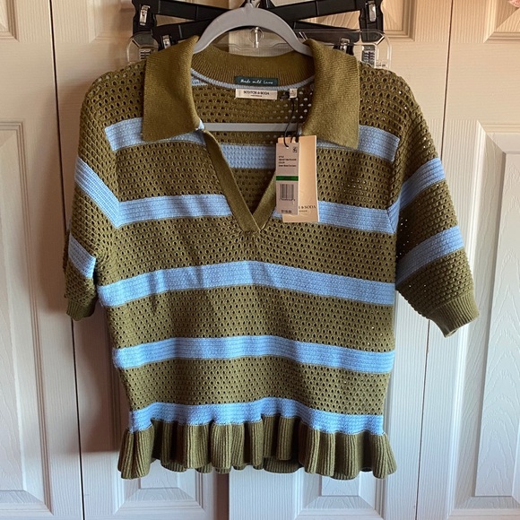 Scotch & Soda NWT Pointelle Collared Short sleeve Vneck Peplum Sweater - Picture 5 of 17